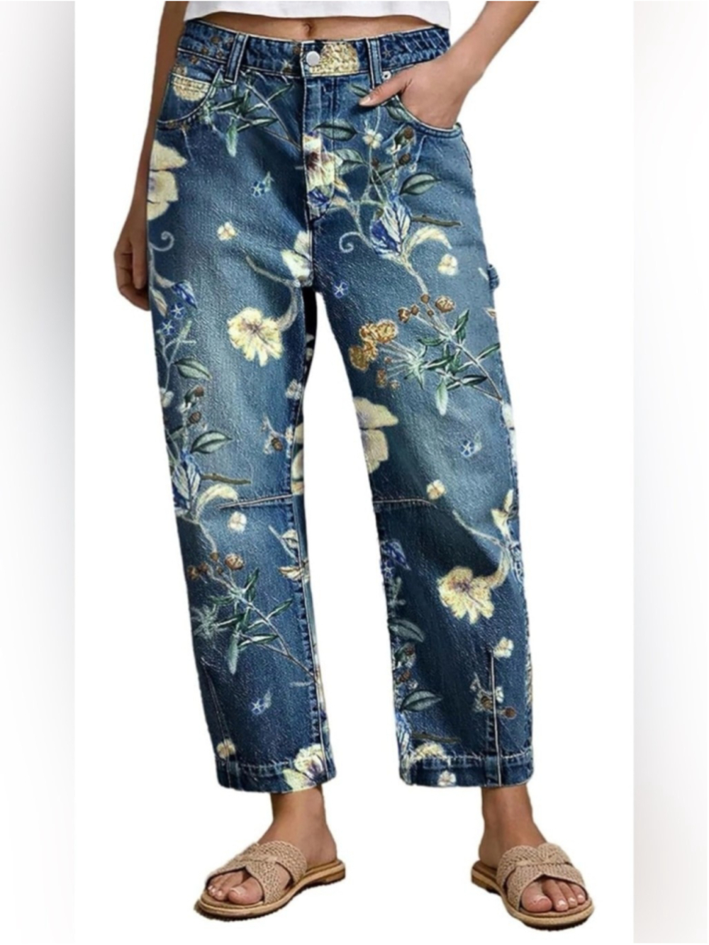 Flamingals Mid Rise Barrel Leg Jeans  Wash Floral Print Flap Casual Denim